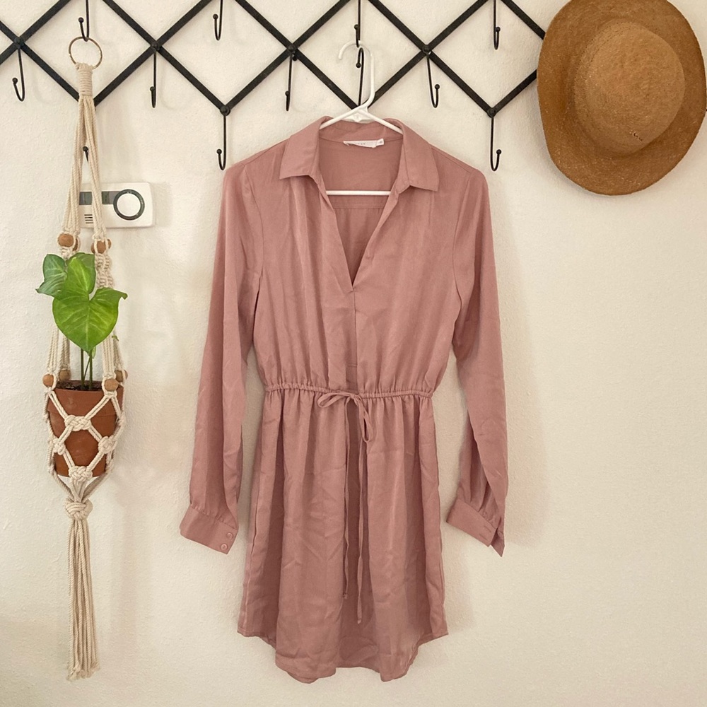 Lush satin long sleeve mini dress in blush pink